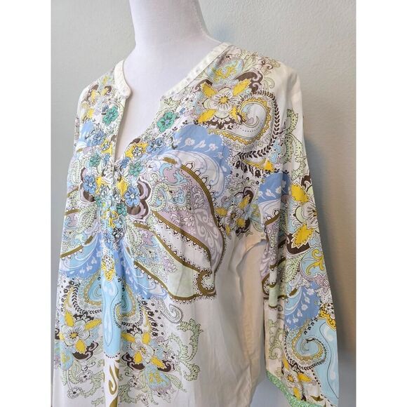 Boho Paisley Print & Knit Flowers Cotton Tunic Top 3/4 Sleeve Size L-M Artsy - Picture 2 of 8
